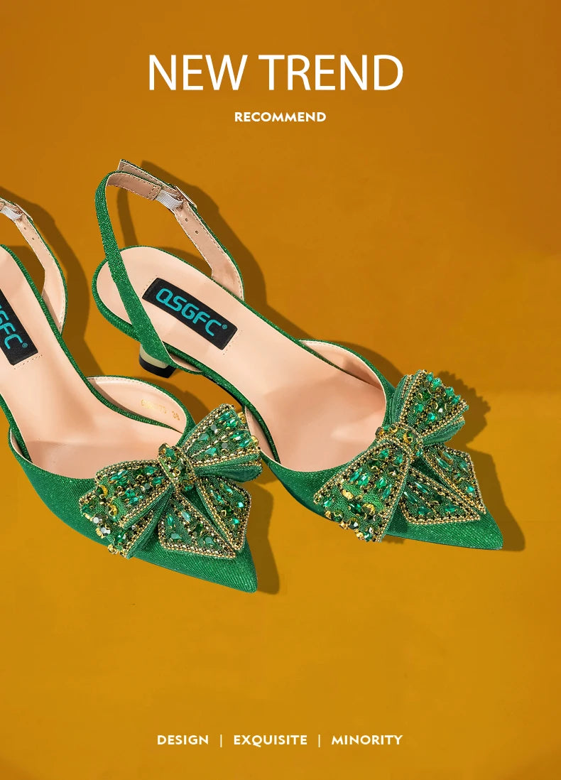 QSGFC Italian Design Red Elegant Women's Heels Fashion Crystal Bow Pointed Toe Sandals Nigeria Shoes Bag Set For Women