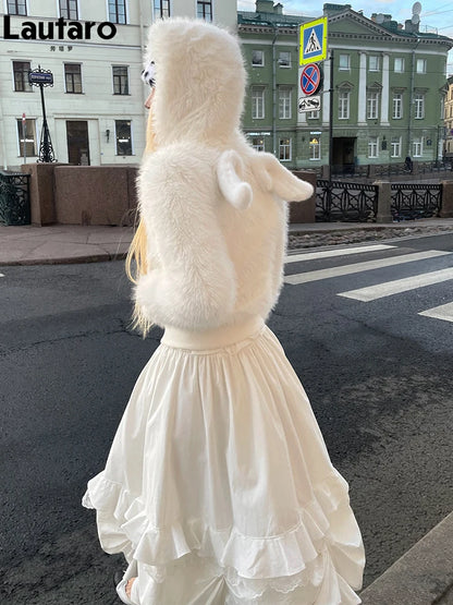 Lautaro Autumn Winter Thick Warm Sweet Cute White Short Faux Fur Coat Hoodie Women with Fairy Angel Zipper Fitted Fluffy Jacket