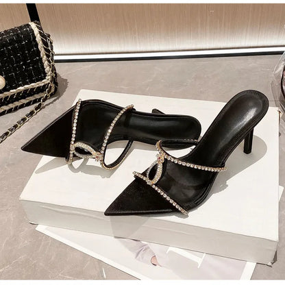 Luxury Rhinestones Gem Narrow band Women Slipper Sandals Elegant Pointed toe Thin High heels Mules Slides Fashion Party Shoes