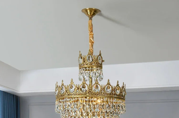 Modern Luxury Chandelier LED Crystal Vintage French Pendant Lamps for Living Dining Table Room Golden Crown Lighting Home Deocr