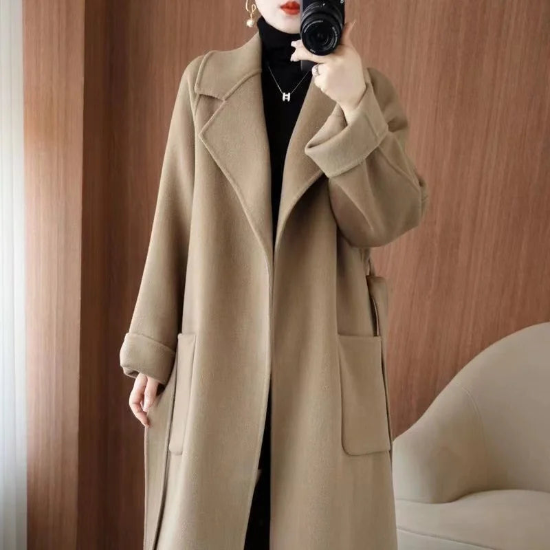 2024 Women's Wear 100% Wool Coat Autumn/Winter Fashion Temperament Double sided Cashmere Coats with Belt Elegant Long Overcoat