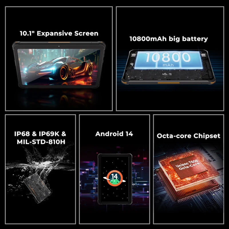 HOTWAV R8 IP68&IP69K Rugged Tablet 10800mAh Massive Battery Android 14 Pad 10.1'' HD+ Display 4GB RAM 128GB ROM/1TB Expansion 13MP +5MP Camera Global 4G Tablet PC