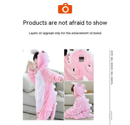 Children's One-Piece Sleep Adult Flannel Cartoon Animal Blue Pajamas Children's Performance Onesie