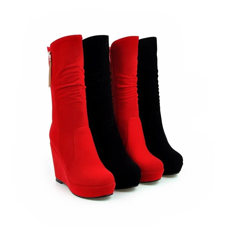 2026 Fashion Women Mid Calf Boots Round Toe Wedges 11cm Platform 3cm Decoration 42 43 Sexy Female Bota