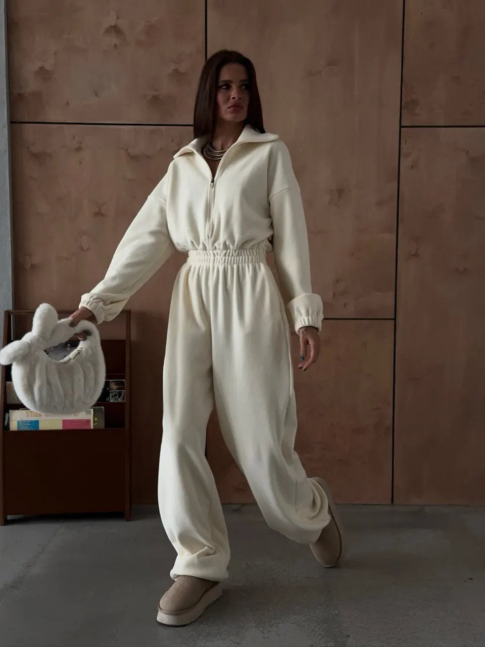 FSMG Casual Long Sleeve Half-Zip Sports Jumpsuits Women's Solid Loose Lapel Elastic Waist Tracksuits Comfy One-Piece Lounge Set
