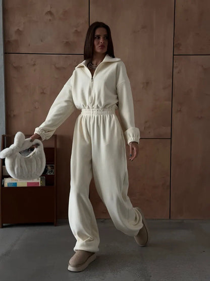 FSMG Casual Long Sleeve Half-Zip Sports Jumpsuits Women's Solid Loose Lapel Elastic Waist Tracksuits Comfy One-Piece Lounge Set