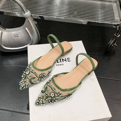 Pearl Bead Embroidery Lace Slingback Shoes Woman Luxury Floral Silk Gauze Low Heel Mules Ladies Elegant Evening Party Dress Shoe