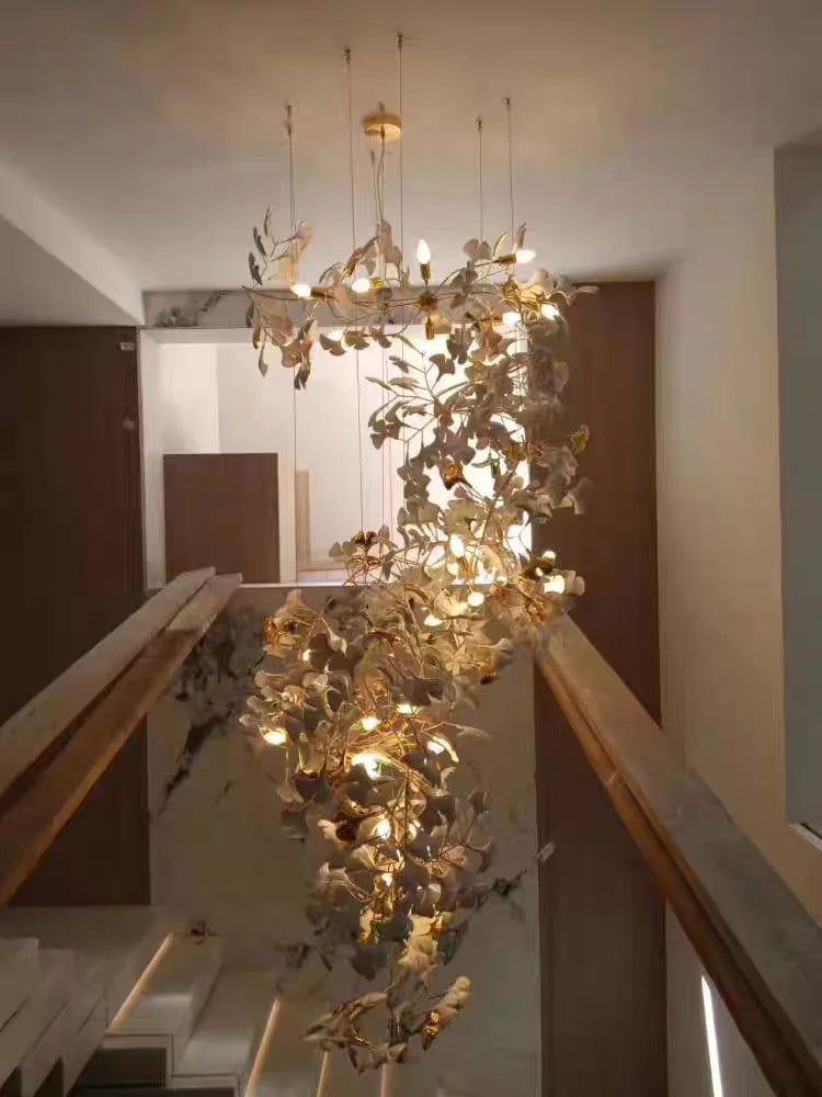 Staircase Ginko Leaf Chandelier Light For High Ceiling Staircase Loft Living Room Hotel Lobby Stairway Luxury Branch Chandeliers