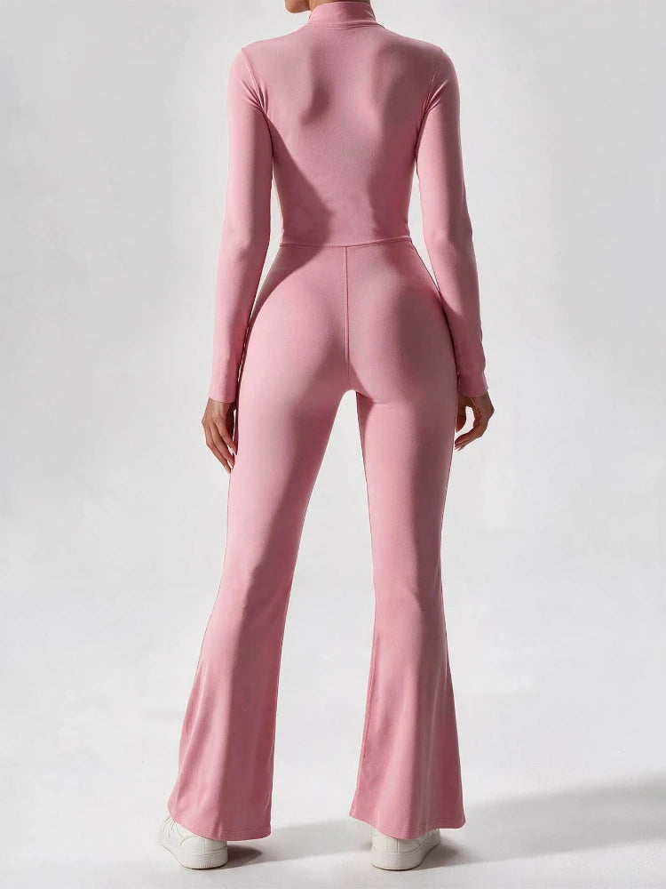 Elegant Zip-up Long Sleeve Sports Overalls for Women Autumn Winter Fleece Jumpsuits Ladies Yoga Fitness One Piece Tracksuit