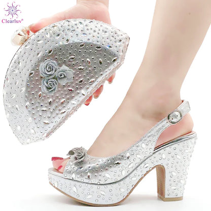 New Arrival Italian Women Shoes and Bag Set Decorated with Rhinestone In Party African Italian Shoes and Bag Set Party Shoes Bag