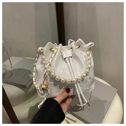 Sweet Butterfly Women Drawstring Bucket Shoulder Bags Versatile Ladies Crossbody Bag Clutch Fashion Girls Pearl Chain Handbags