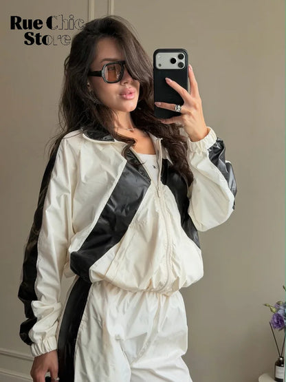 Chevron Stripe Windbreaker Tracksuit Women Casual Zip Cropped Jacket Contrast Trim Shorts Suit Lady Daily Jogging Street Outfit