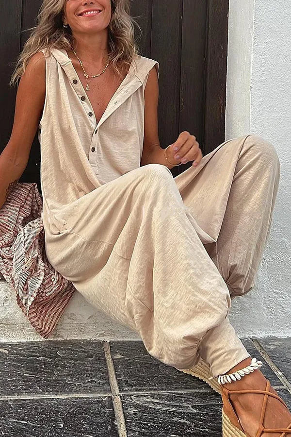 Fashionable Sleeveless Hooded Collar Jumpsuit Women Spring Summer Button Pocket Loose Casual Baggy Pants Jumpsuits Female