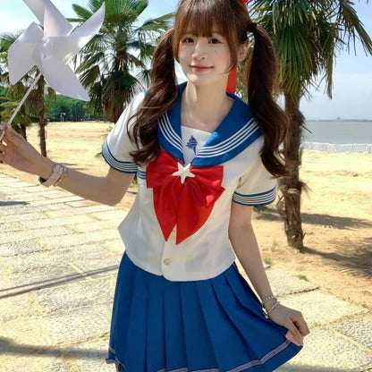 Summer and Autumn Sailor Suit Japanese Style Schoolgirl Blue Short-Sleeved Set Cos Female Students