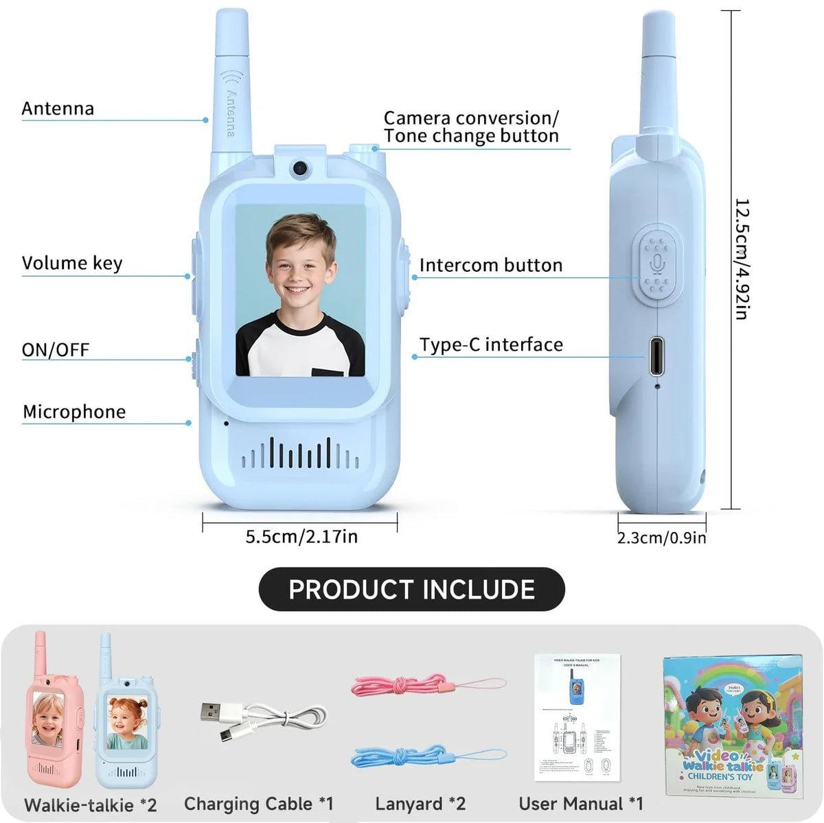Video Walkie Talkies for Kids 2 Pack Rechargeable Intercom Walkie-talkie Cute 2 Inch Screen One-Click Call Child Video Intercom