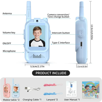 Video Walkie Talkies for Kids 2 Pack Rechargeable Intercom Walkie-talkie Cute 2 Inch Screen One-Click Call Child Video Intercom