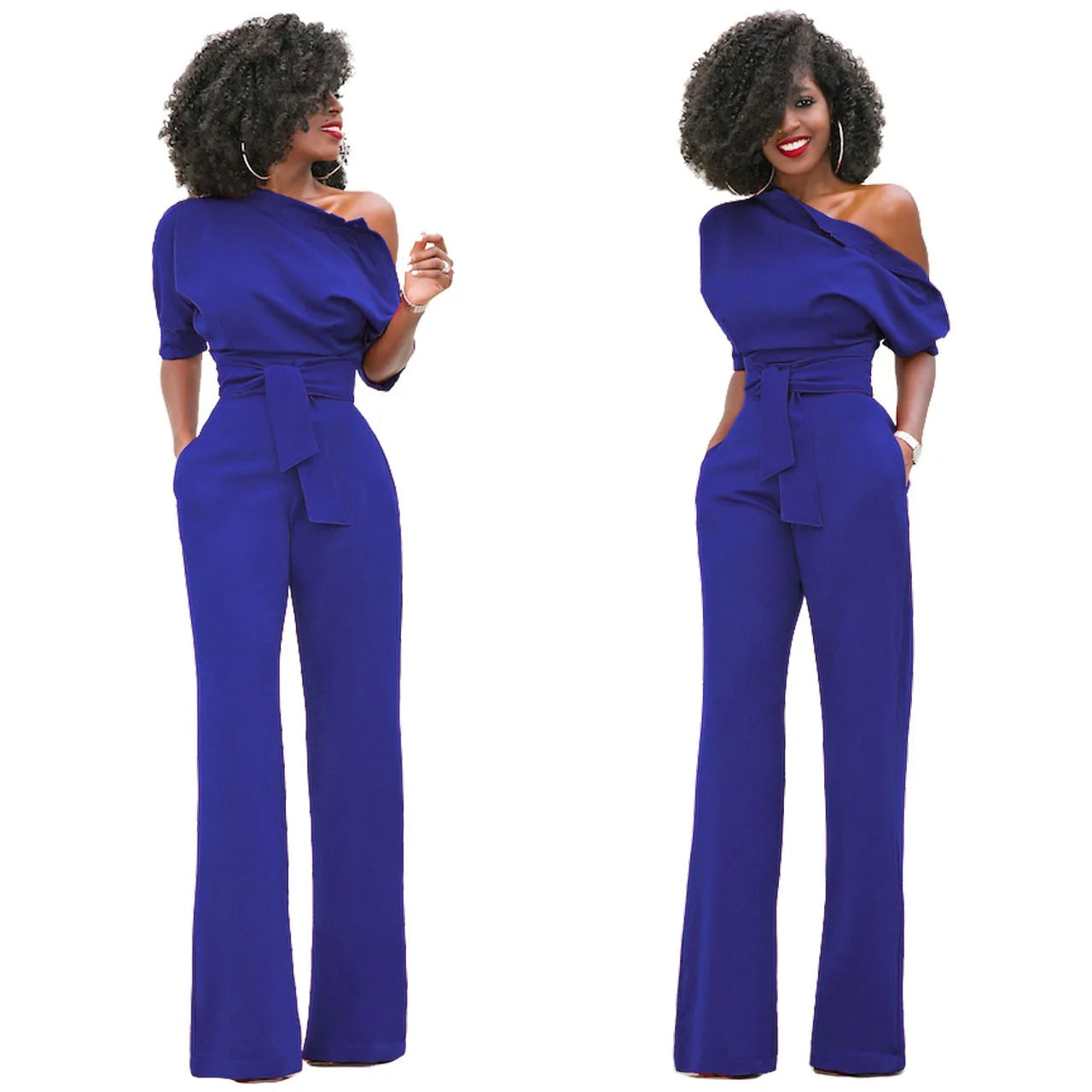 2024 Summer New Fashion Women's Jumpsuit Solid Color Slanted Shoulder Elegant Temperament Sleeveless Long Wide Leg Jumpsuit