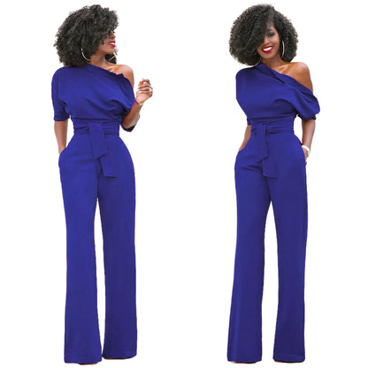 2024 Summer New Fashion Women's Jumpsuit Solid Color Slanted Shoulder Elegant Temperament Sleeveless Long Wide Leg Jumpsuit