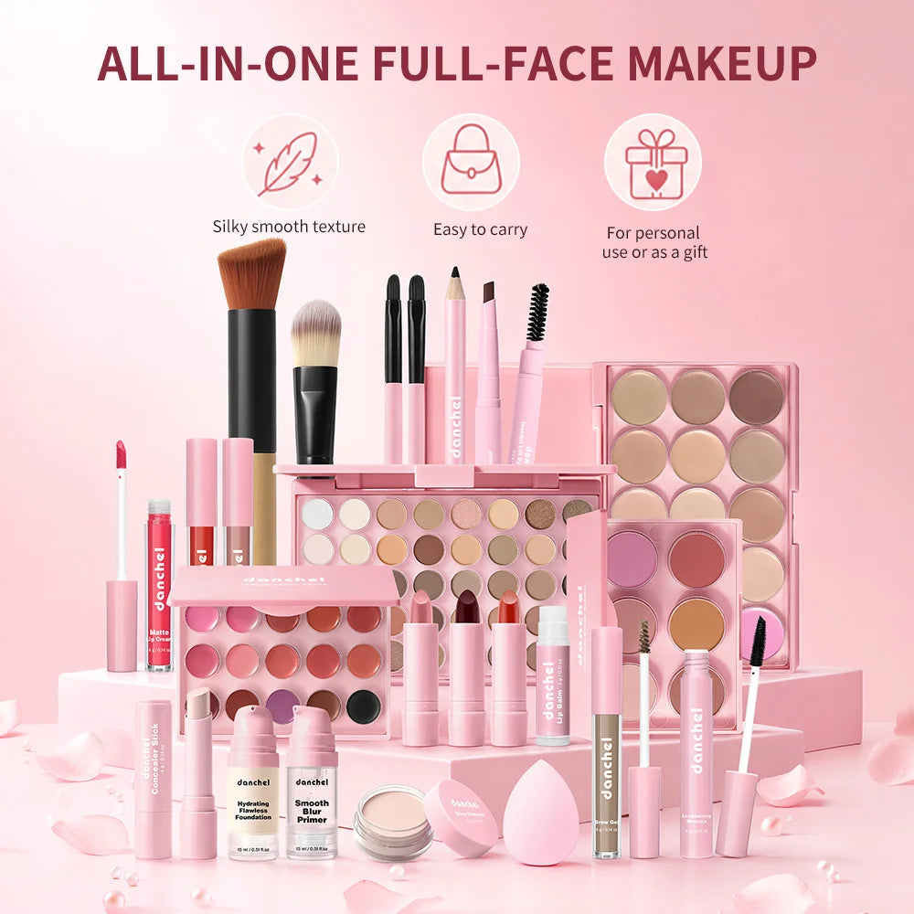 All in One Makeup Kit Lipstick, Blush, Contour Palette, Primer, Foundation Brush Lipgloss Eyebrow Full Makeup Kit Gift for Woman