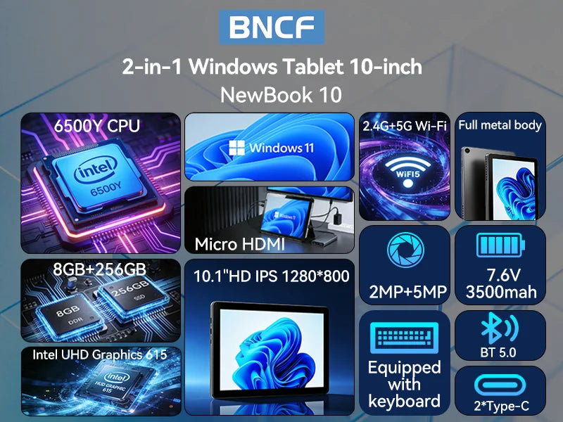 2-in-1 10.1 Inch Tablet Laptop Intel 6500Y 8GB+256GB SSD 1280*800 350Nits Windows 11 Type-C USB3.0 micro HDMI Wifi5 BNCF W1001
