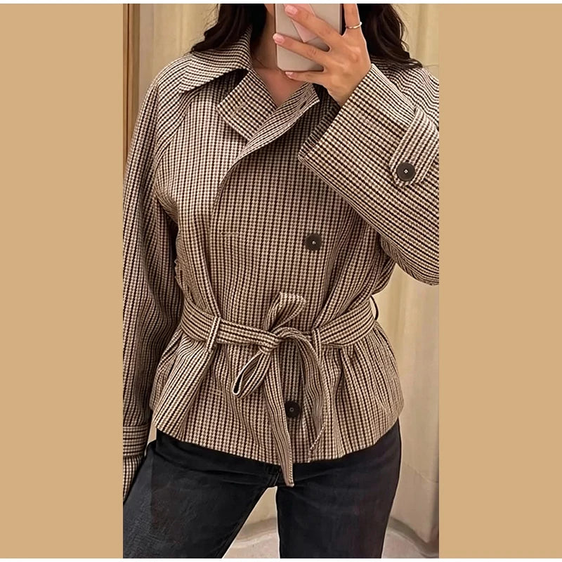 Plaid Cropped Trench Coat Lapel Collar Double Breasted Belted Waist Long Sleeve Women All-match Coats 2026 Autumn Commute Outfit