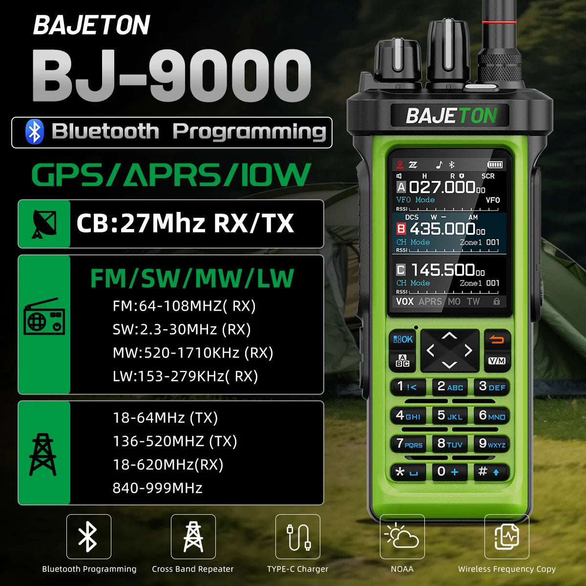 1/2 BAJETON BJ-9000 Walkie Talkie GPS APRS AM/FM/CB 27MHZ Receiver with 10W Bluetooth Programming For Radtel RT-950PRO Ham Radio