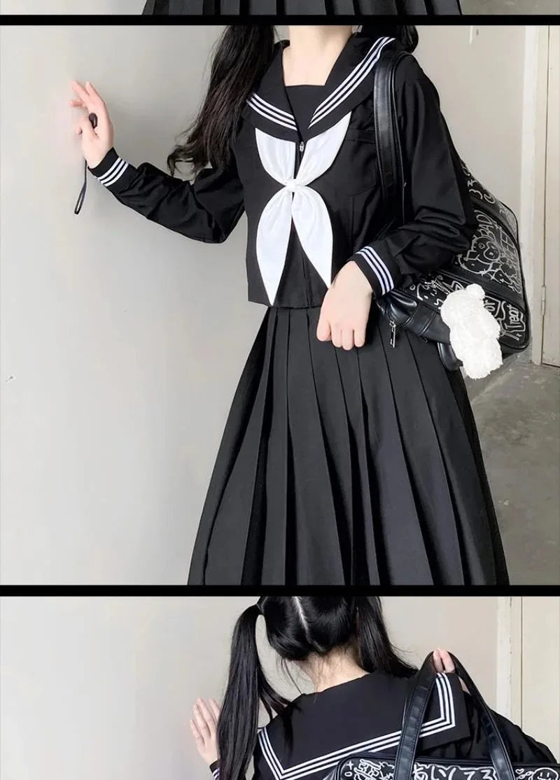 Japanese School Uniforms Student Style Girls Navy Costume Women Sexy Black JK Long Dress Suit Sailor Blouse Pleated Skirt Set