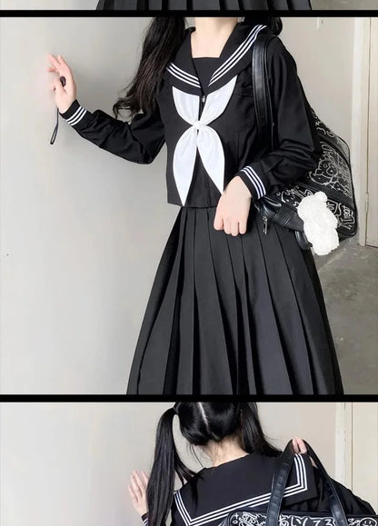 Japanese School Uniforms Student Style Girls Navy Costume Women Sexy Black JK Long Dress Suit Sailor Blouse Pleated Skirt Set