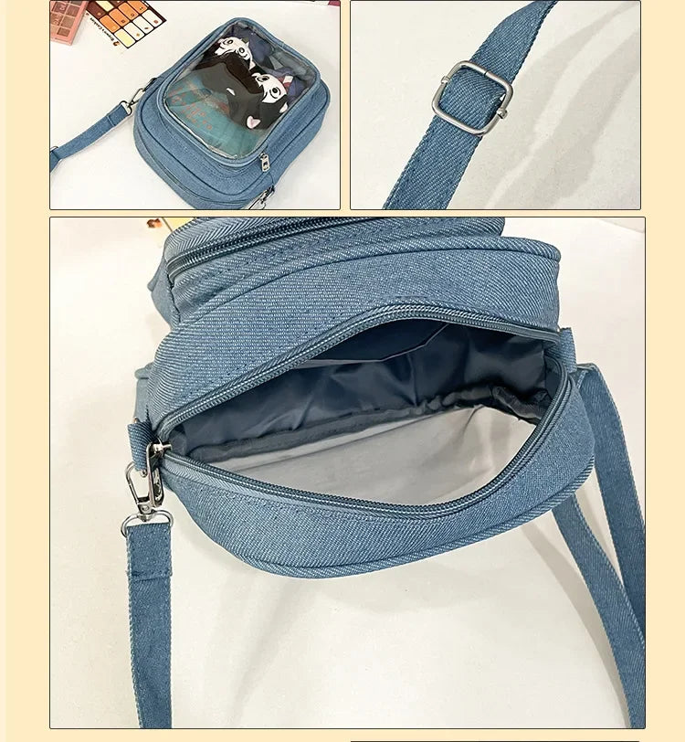 New Denim Ulzzang Ita Bags Female Transparent Badge Doll Show Crossbody Shoulder Bag Individuality Designer 2 Sides Bolso Mujer
