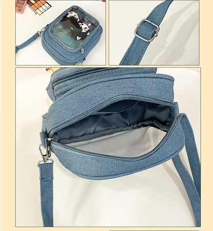 New Denim Ulzzang Ita Bags Female Transparent Badge Doll Show Crossbody Shoulder Bag Individuality Designer 2 Sides Bolso Mujer