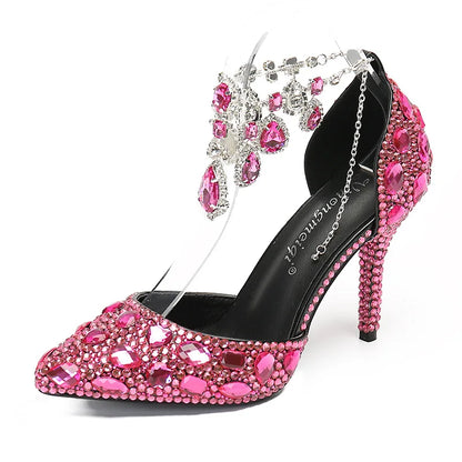 2024 Autumn Slim Heels Shallow Mouth Luxury Blue Water Diamond Pearl Women Single Shoes 9CM Wedding Party Shoes Sandalias Mujer