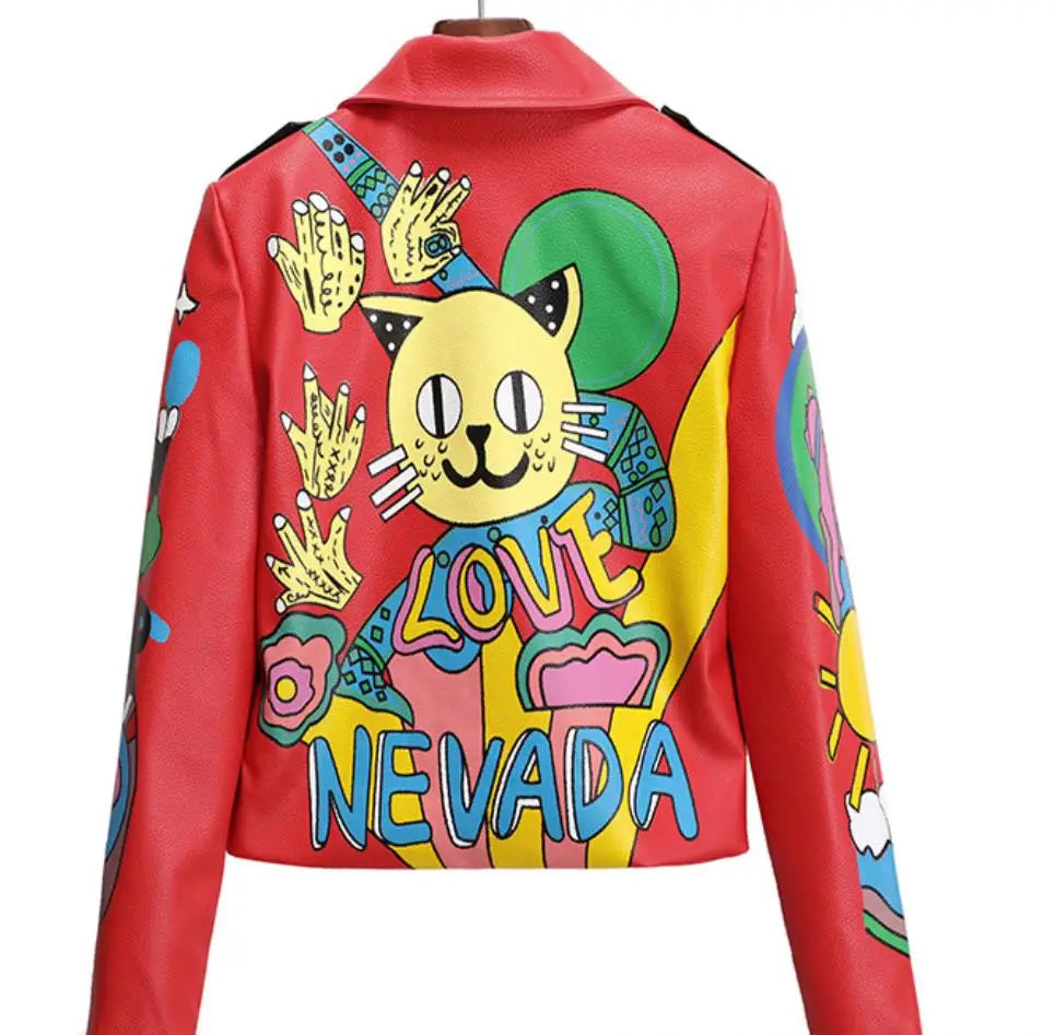 3xl women and men rivet beading pu leather jacket hit color streetstyle Graffiti outerwear letters printed leather jackets