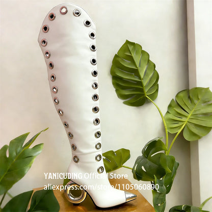 Novelty Circle Heel Knee High Boots Metal Pointed Toe Multiple Eyelet Boots Customizable Multi-color High Heeled Boots for Women