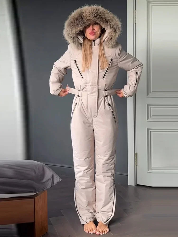 Casual Fur Hooded Patchwork Ski Jumpsuits Women Slim Thicken Zippers Belts Lady Jumpsuit 2026 Autumn Winter Chic Female Skiwear