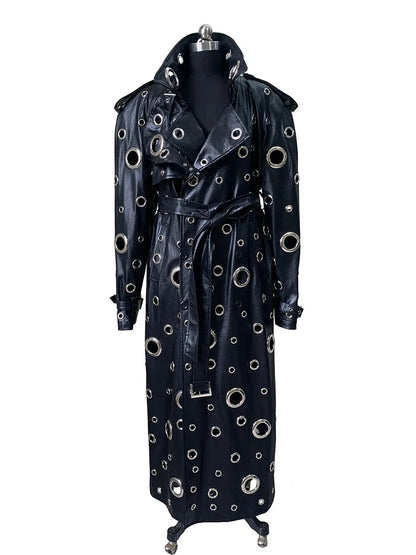 Nerazzurri Autumn Oversized Extra Long Pu Leather Trench Coat for Women Holes Hollow Out Luxury Designer Emo Streetwear Overcoat