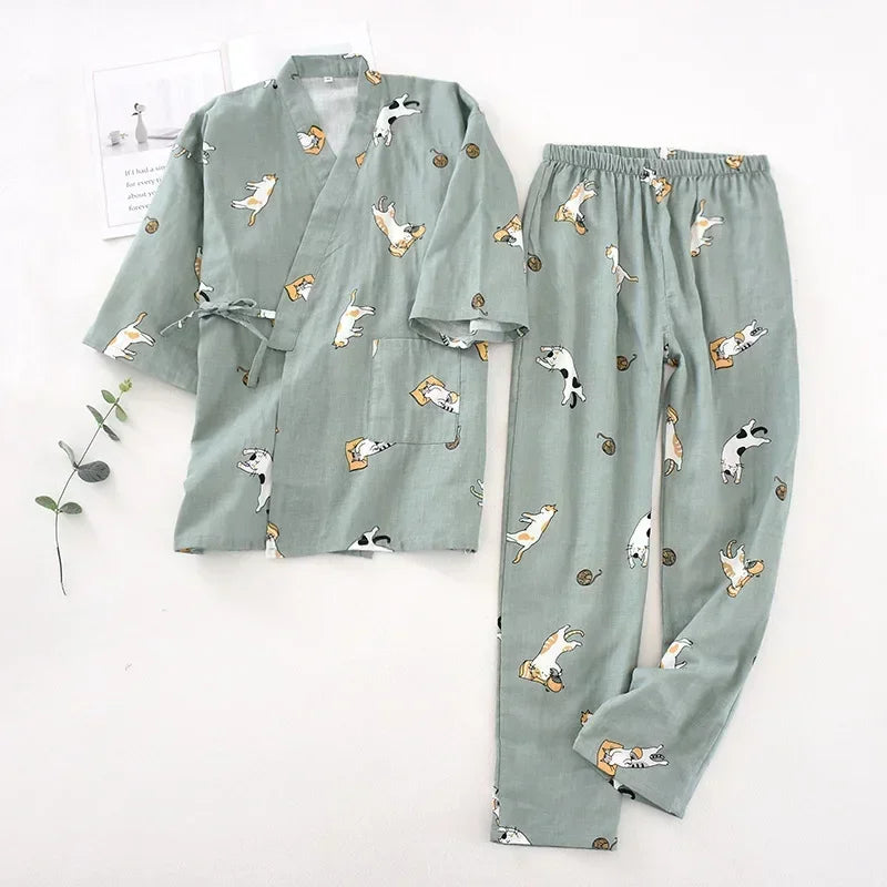 2026 new seven-sleeve Japanese-style kimono pajamas set female spring and autumn 100% cotton gauze home clothes cute sweet two-p