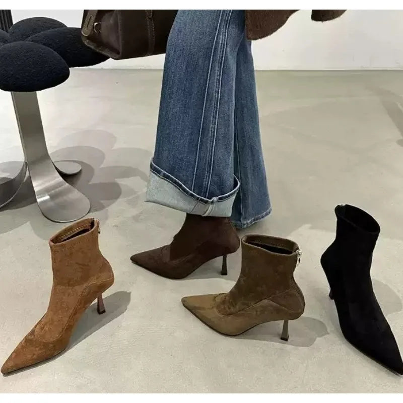 Designer Vintage Women Ankle Boots Fashion Pointed Toe Shoes Autumn Winter High Heel Ladies Elegant Stretch Slim Short Booties