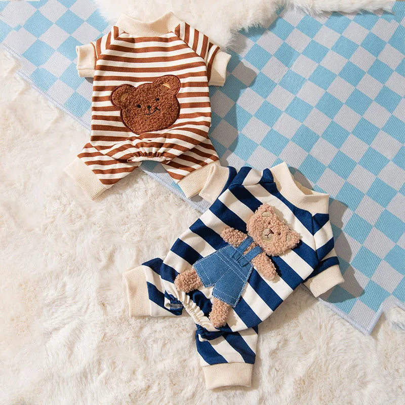 Thin Dog Clothes for Small Dogs Cute Bear Striped Dog Jumpsuit Pet Dog Coat Four Legs Dog Pajamas Kitten Puppy Sweatshirt Autumn