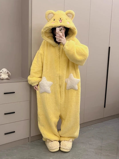 Women's Cartoon Hooded Kigurumi Unicorn Winter Jumpsuit Pajamas Women Coral Fleece Thickened Home Clothing Holiday Gift