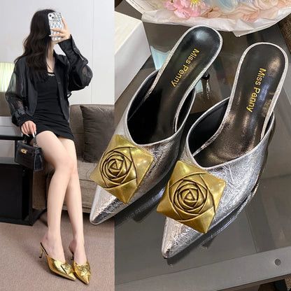 Women High Heels Slippers Summer New Luxury Fashion Gold Flower Decoration Modren Sandals Ladies Pointed Toe Mules Shoes Slides