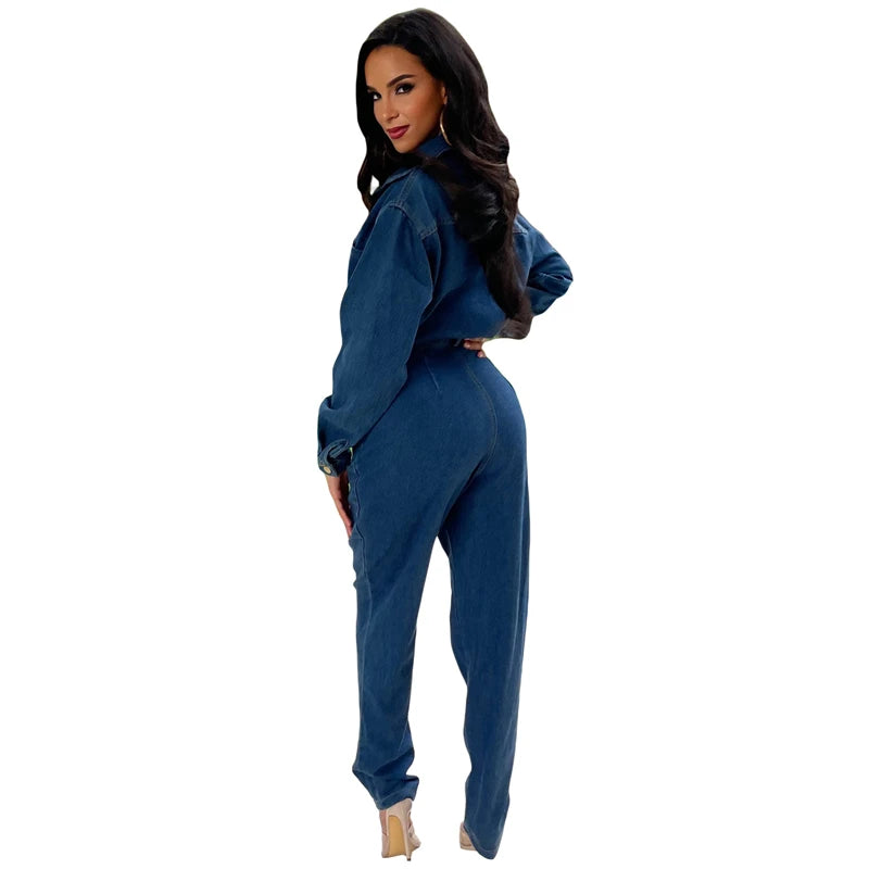 Streetwear Denim Jumpsuits Autumn Clothing Women Full Sleeve Button Up Jeans Long Rompers Playsuits One Pieces Overalls Outfits