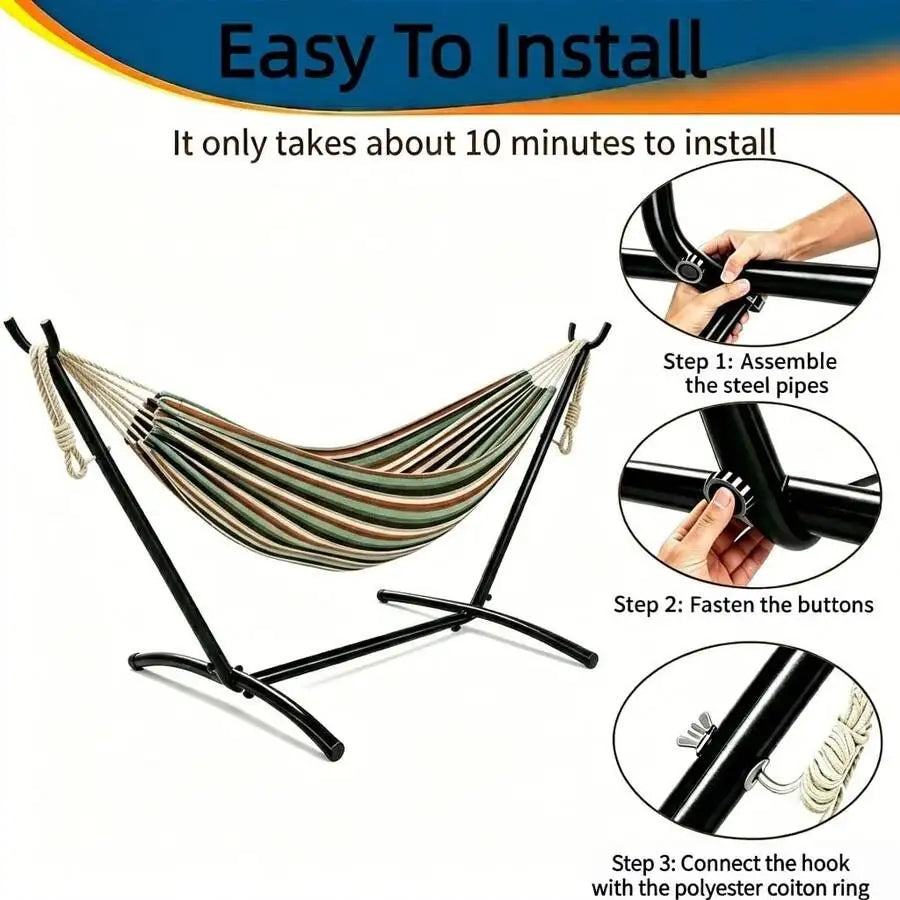 Camping 2-Person Hammock 600LBS, Portable Steel Stand Set For Outdoor Lawn Terrace, Blue & Black Stripe