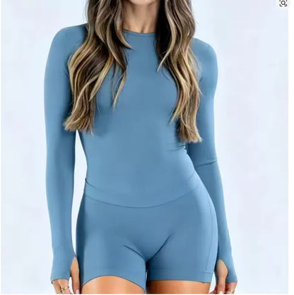 D Logo Women's Seamless Slim Fit Impact Long Sleeve Jumpsuit, Backless Short Playsuit for Yoga, Running & Fitness
