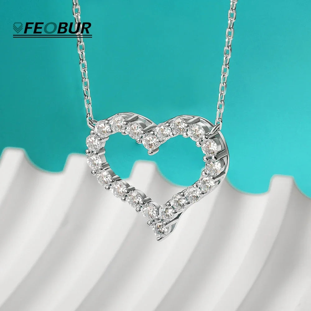 FEOBUR 2ct Moissanite Heart Pendant Necklace for Women 925 Sterling Silver Lab Diamond Neck Chain Girls Birthday Gift Jewelry