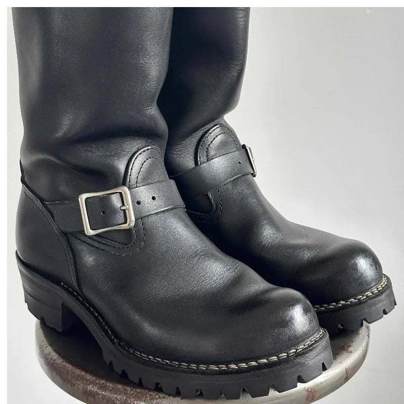 Cow Suede All-Macth Motorcycle Boots Men's Women Engineer Ort Shoes Retro Motorcycle Boots Faded Mid-Calf Shoes Motocross Boots