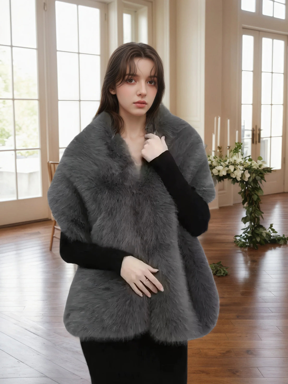 A Handmade Polyester Faux Fox Fur Women's Fashion Shawl for Weddings, Parties, and Gatherings, a Warm and Stylish Accessory