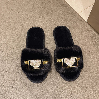 Love Chain Fluffy Women's Slippers Home Fashion Luxury Designer Shoes Woman Autumn Winter Faux Fuzzy Fur Slides Indoor Elegant
