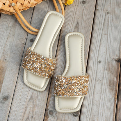 Glitter Bling Women Slippers Summer New Flat Beach Slippers Women Outdoor Luxury Sandals Designer Plus Size Shoes Slides Women