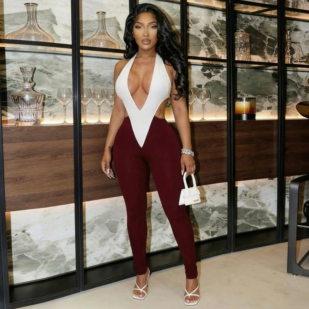 FLARORA Sexy Halter Hollow Out Jumpsuits Woman Color Blocking V-Neck Sleeveless Backless Skinny Midnight Party Clubwear Overalls