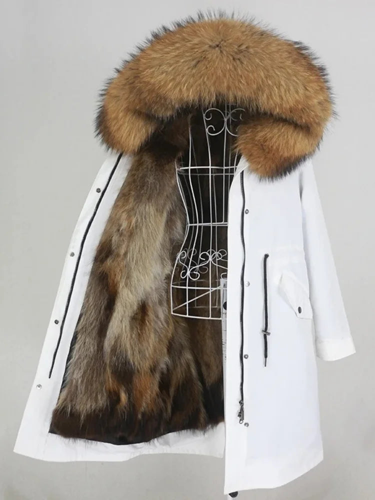 Real Fur Coat Winter Jacket Women Long Parka Waterproof Big Natural Raccoon Fur Collar Hood Thick Warm Real Fox Fur Liner coat
